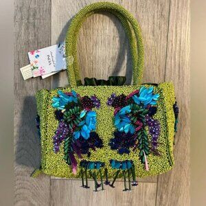 Viral Tik Tok Beaded Handbag Made in India Green Purple Floral NWT